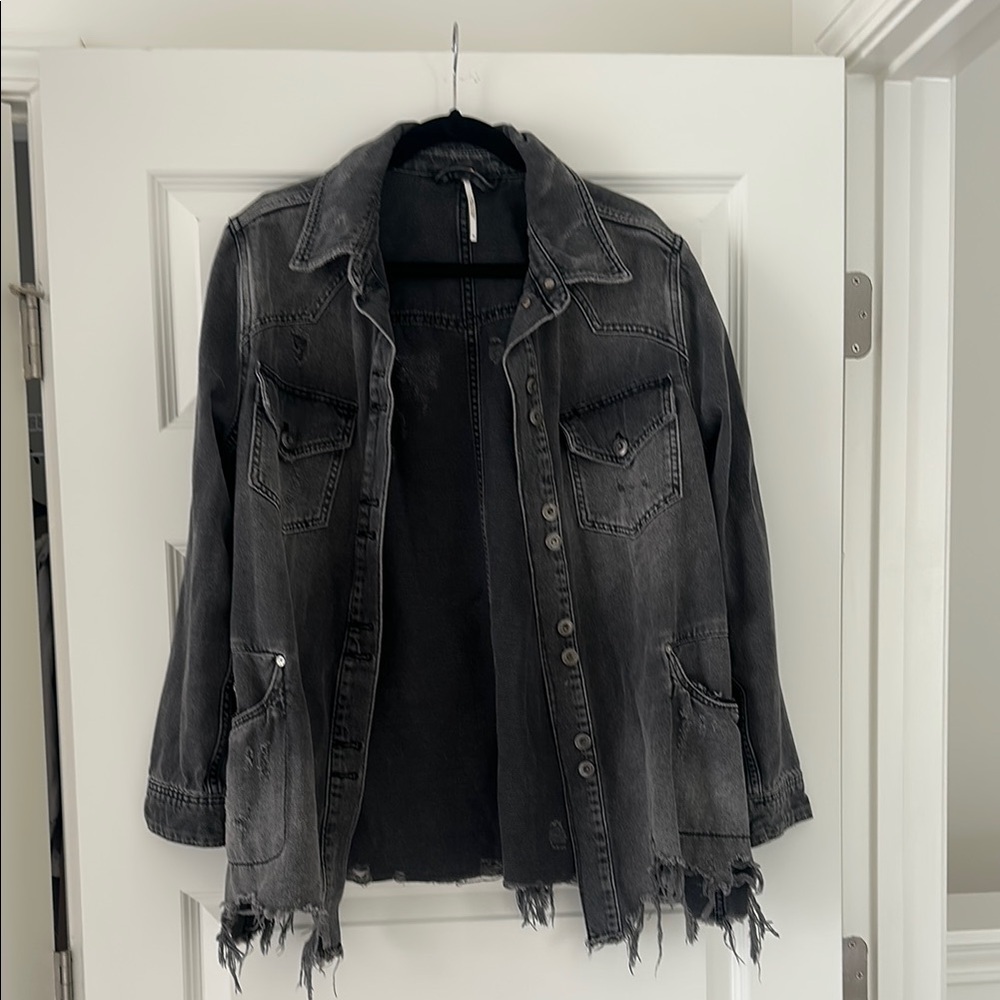 Free People Distressed Black Denim Jacket